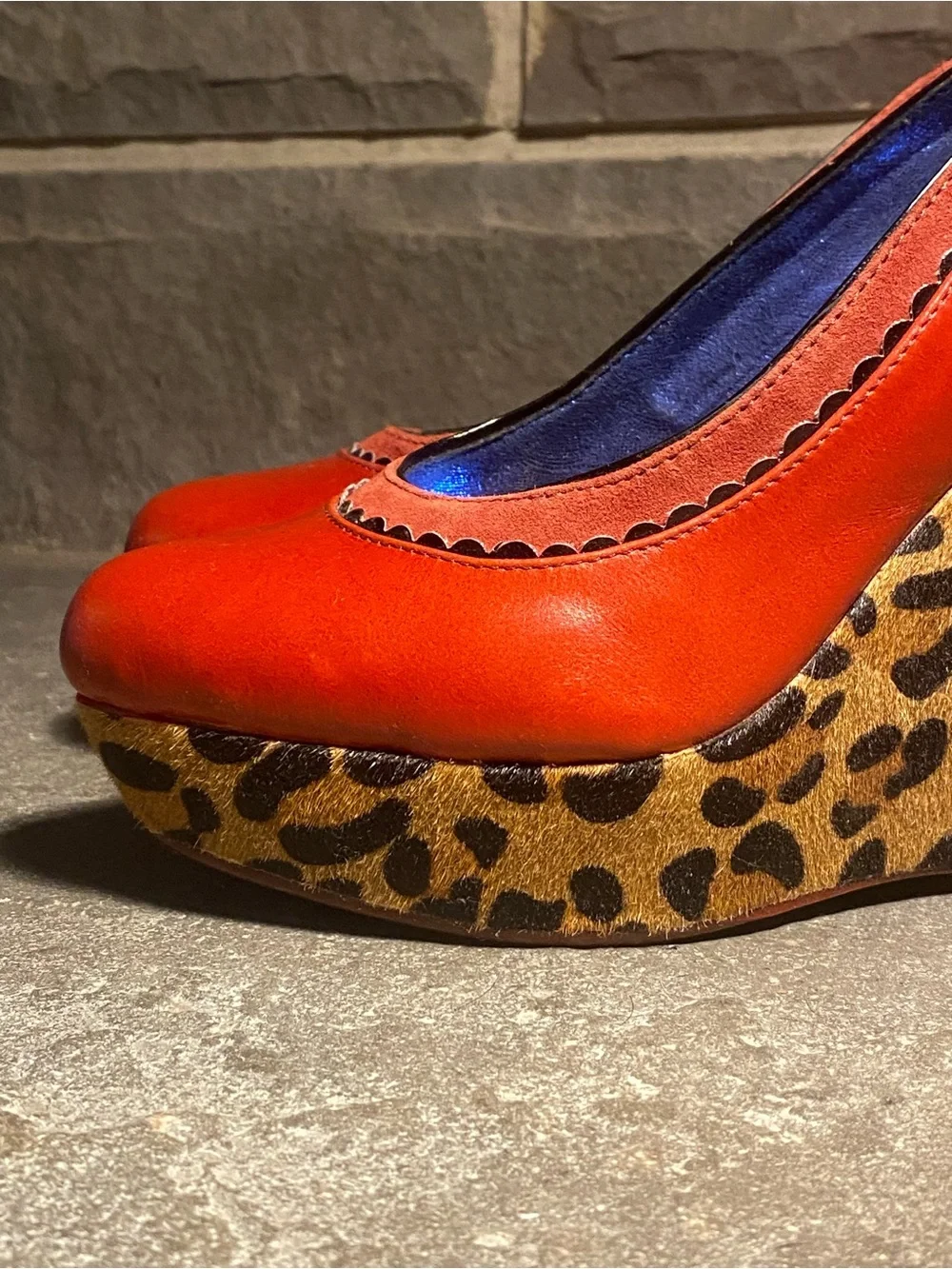 Irregular Choice Body Love platform wedges,red leather,leopard faux fur,in box,7